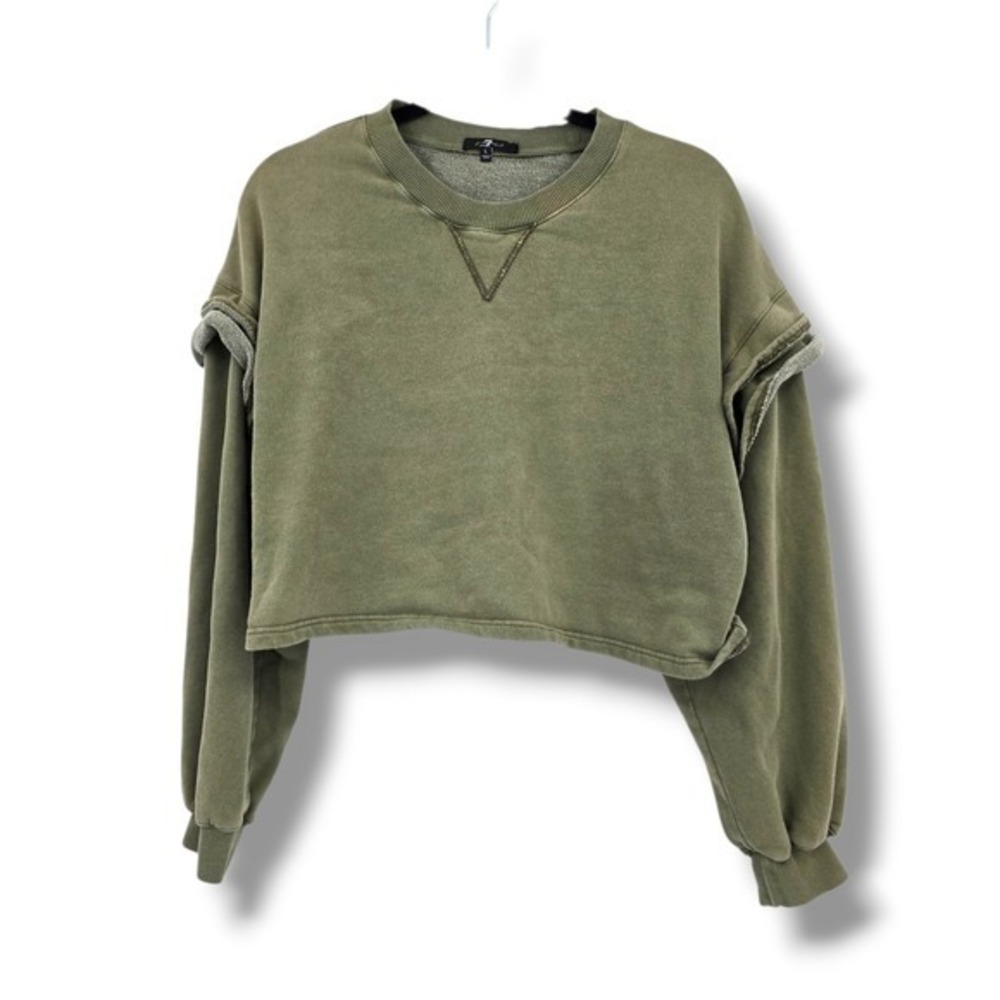 7 For‎ All Mankind Olive Green Ruffle Long Sleeve Cropped Sweatshirt Large